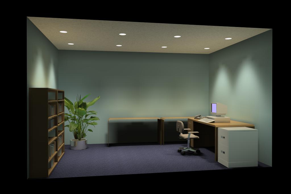 Office lighted by downlights.