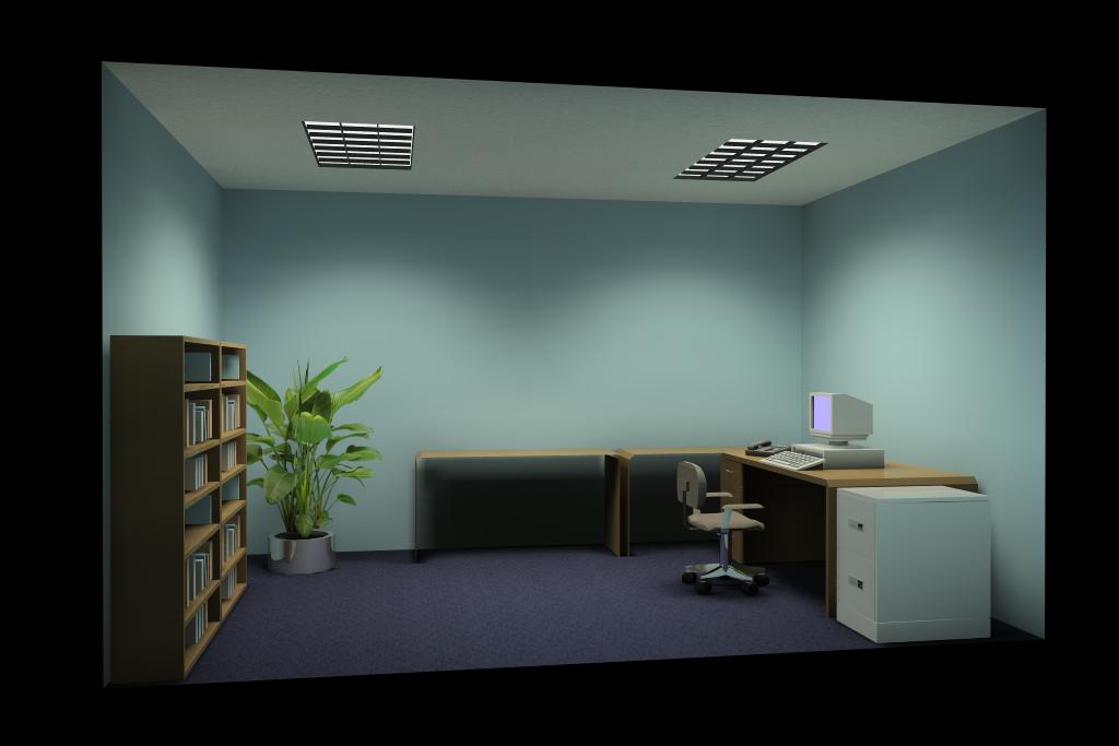 Office lighted by parabolic troffers.