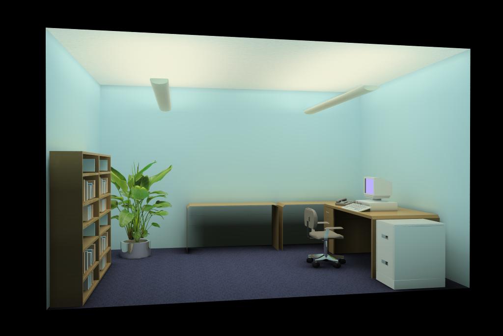 Office lighted by linear indirect luminaires.