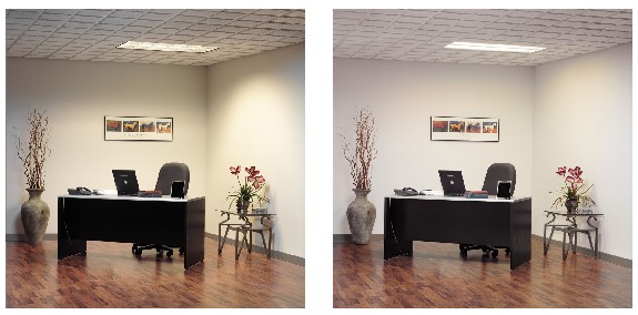 Premium troffers can make a room feel brighter and bigger while reducing energy consumption. Lighting quality is improved over conventional parabolics because soft, uniform illumination is placed on the high vertical surfaces in the space, as shown here in this comparison between a room lighted with 3-lamp parabolics (left) and 2-lamp high-efficiency premium troffers (right). Photos courtesy of Day-Brite Lighting.
